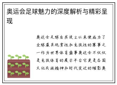 奥运会足球魅力的深度解析与精彩呈现